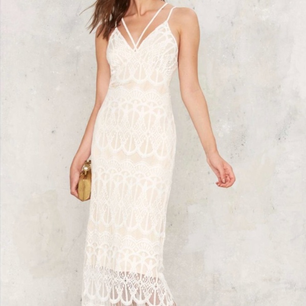 NastyGal Emilia Nude Cream Lace Maxi Dress